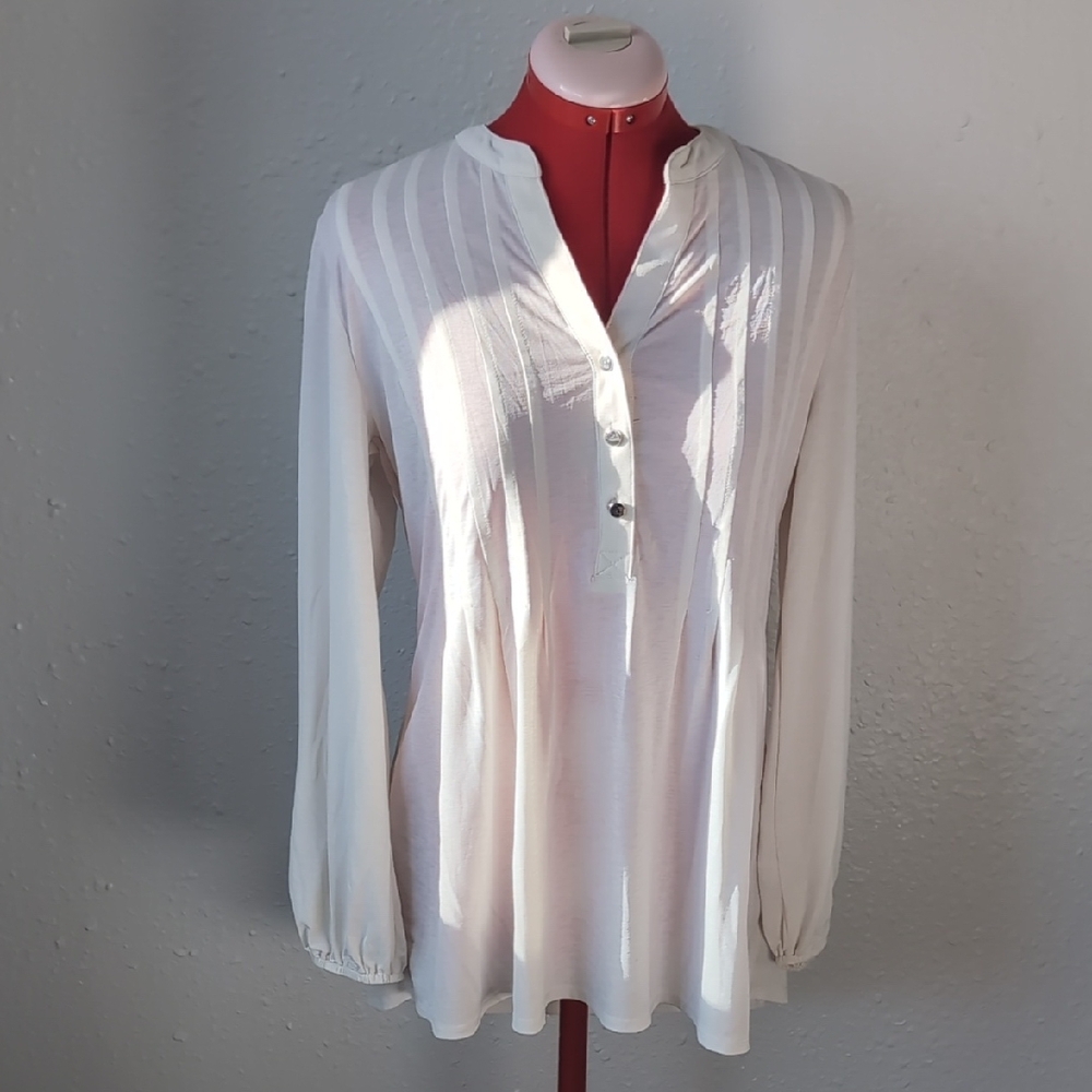 Wonderly White Pleated Long Sleeve Blouse with Mandarin Collar, Women's Medium